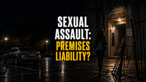 Woman walking near a poorly lit apartment parking lot with broken security features visible