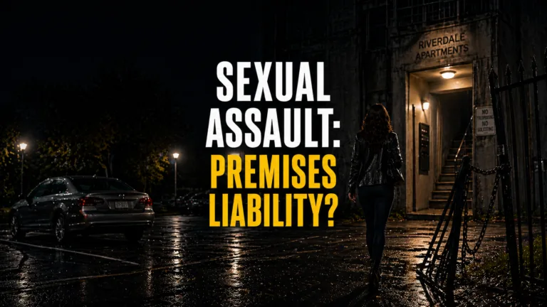 Woman walking near a poorly lit apartment parking lot with broken security features visible