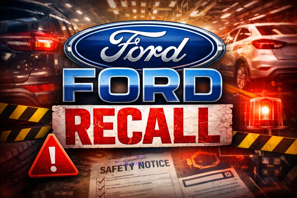 Ford recall warning graphic with safety notice and emergency lights