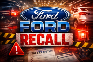 Ford recall warning graphic with safety notice and emergency lights