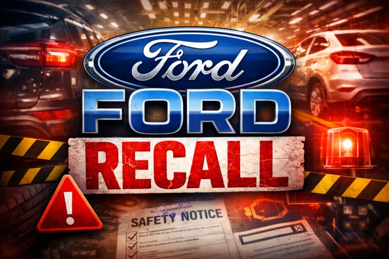 Ford recall warning graphic with safety notice and emergency lights