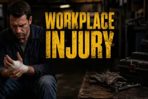 Worker in a shop holding a bandaged hand with the words "Workplace Injury"