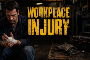 Worker in a shop holding a bandaged hand with the words "Workplace Injury"