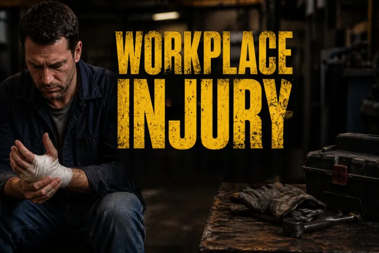 Worker in a shop holding a bandaged hand with the words "Workplace Injury"
