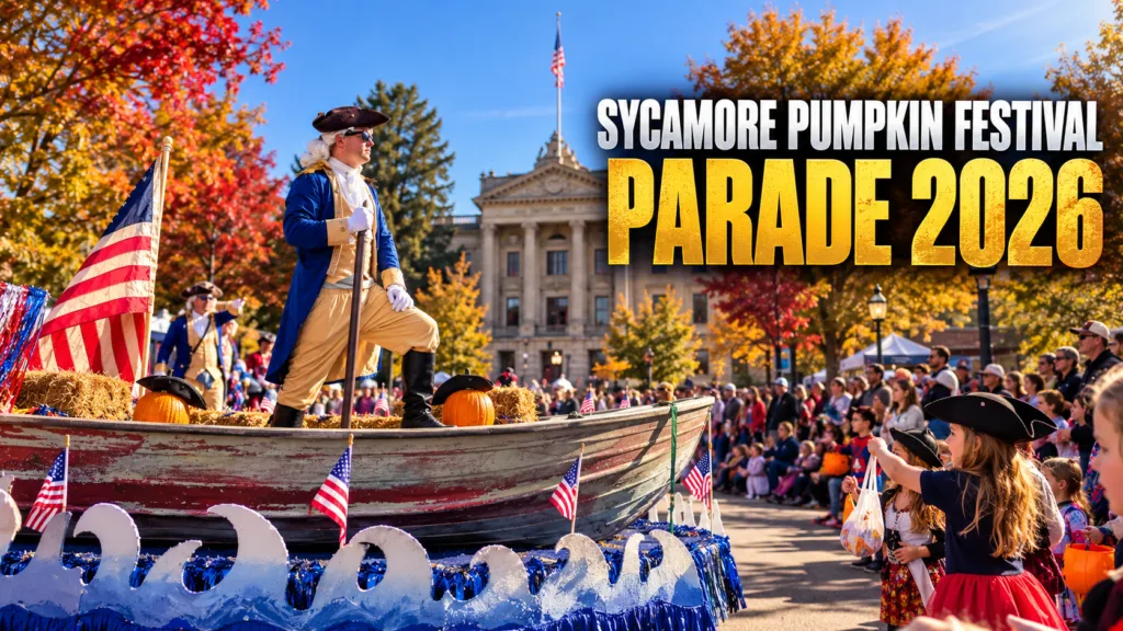 Cronauer Law float in the Sycamore Pumpkin Festival parade passing the DeKalb County Courthouse