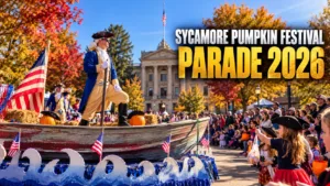 Cronauer Law float in the Sycamore Pumpkin Festival parade passing the DeKalb County Courthouse