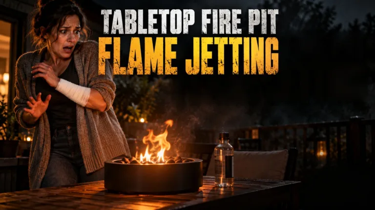 Tabletop fire pit with alcohol fuel bottle on patio table at night, tabletop fire pit burn injury